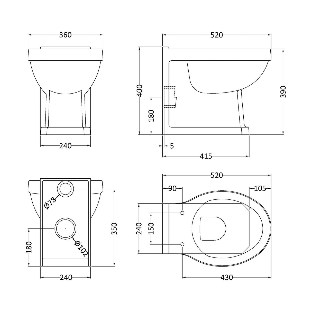 [BCHA806] Traditional Back to Wall Toilet Pan, Classic White Ceramic WC with Timeless Bathroom Design by Balterley - Technical Drawing