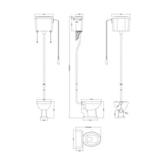 [BCKI002] Traditional High Level Toilet Pan, Cistern, Flush Pipe Kit  - White - Technical Drawing