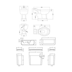 [BCKI003] Madeley Traditional White Close Coupled Bathroom Toilet with Cistern & Soft Close Seat - 470mm - Technical Drawing