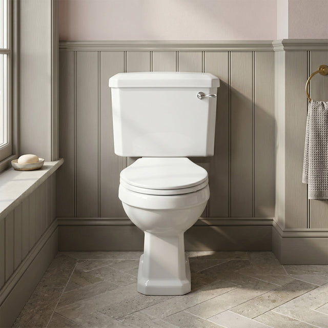 [BCKI003] Madeley Traditional White Close Coupled Bathroom Toilet with Cistern & Soft Close Seat - 470mm - Silo