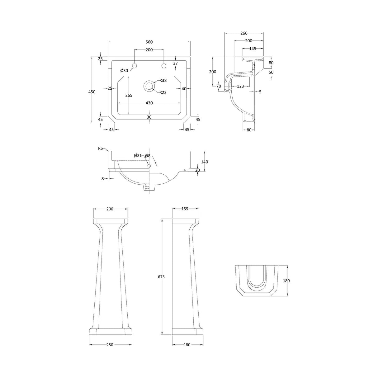 [BCKI004] Madeley Traditional 2 Tap Hole Ceramic Bathroom Basin Sink & Full Pedestal - 560mm - Technical Drawing