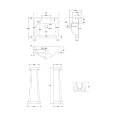 [BCKI004] Madeley Traditional 2 Tap Hole Ceramic Bathroom Basin Sink & Full Pedestal - 560mm - Technical Drawing