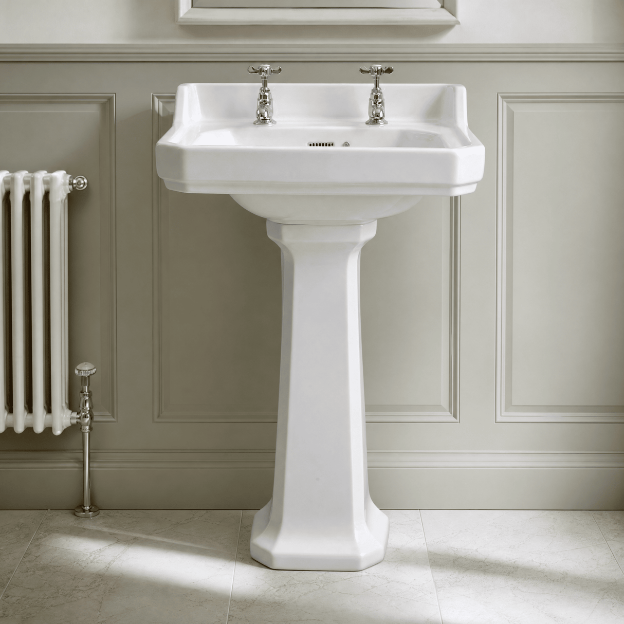 [BCKI004] Madeley Traditional 2 Tap Hole Ceramic Bathroom Basin Sink & Full Pedestal - 560mm - Lifestyle 1