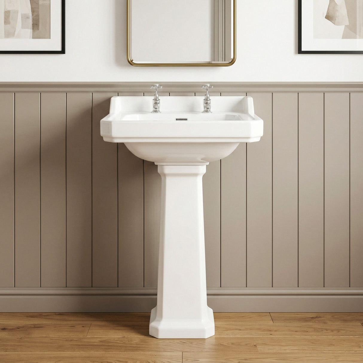 [BCKI004] Madeley Traditional 2 Tap Hole Ceramic Bathroom Basin Sink & Full Pedestal - 560mm - Silo