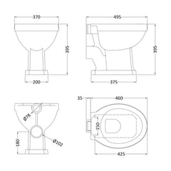[BCKI005] Madeley Traditional Toilet with Low Level Cistern, Flush Pipe Kit and Soft Close Toilet Seat - Technical Drawing