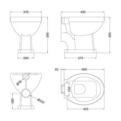 [BCKI005] Madeley Traditional Toilet with Low Level Cistern, Flush Pipe Kit and Soft Close Toilet Seat - Technical Drawing