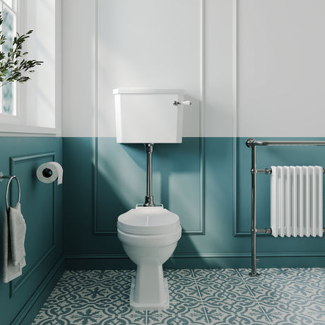 [BCKI009] Madeley Traditional Comfort Height Toilet with Mid Level Cistern, Flush Pipe Kit and Soft Close Toilet Seat - Lifestyle 1