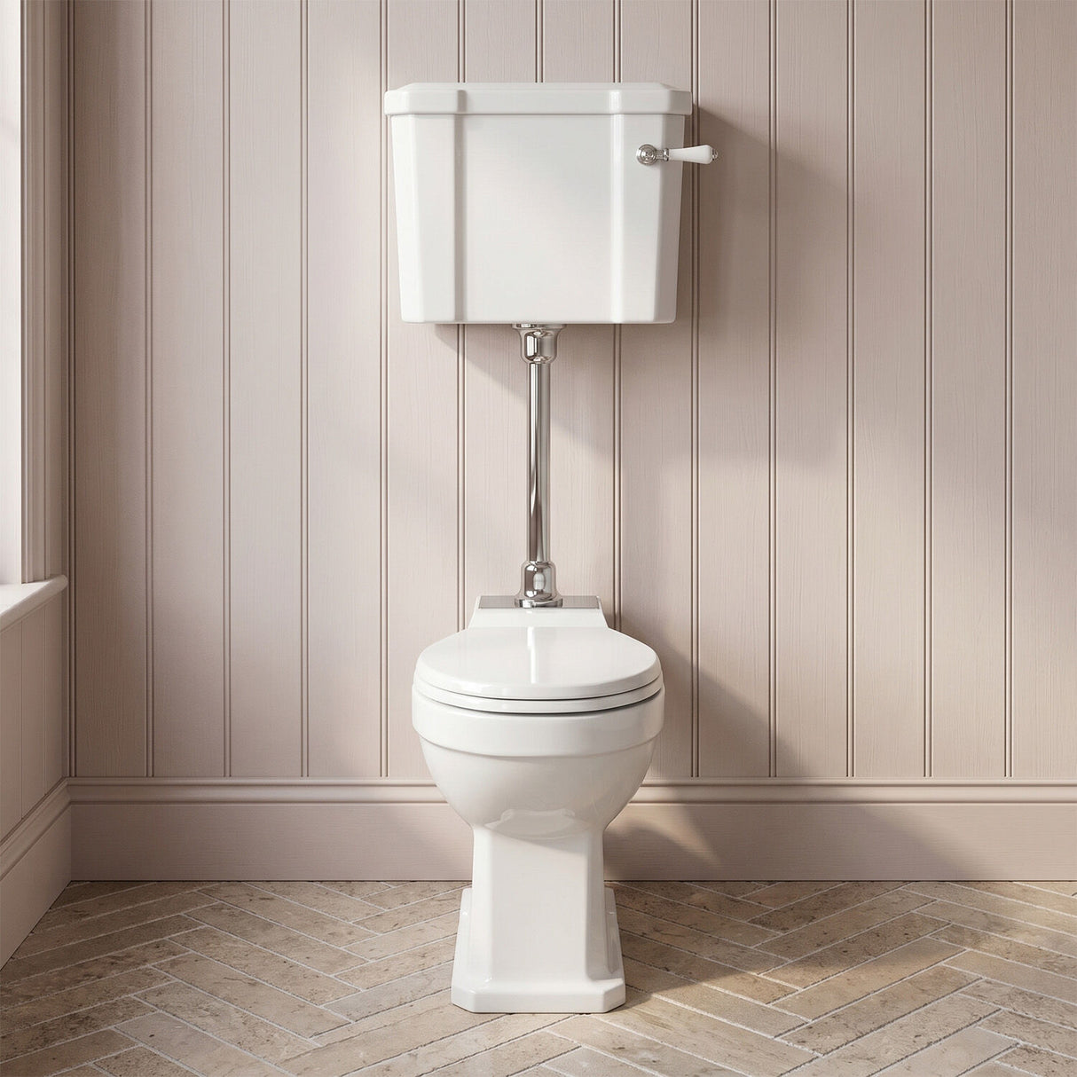 [BCKI009] Madeley Traditional Comfort Height Toilet with Mid Level Cistern, Flush Pipe Kit and Soft Close Toilet Seat - Silo
