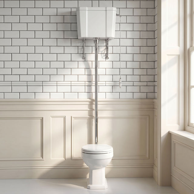 [BCKI010] Madeley Traditional Comfort Height Toilet with High Level Cistern, Flush Pipe Kit and Soft Close Toilet Seat - Silo