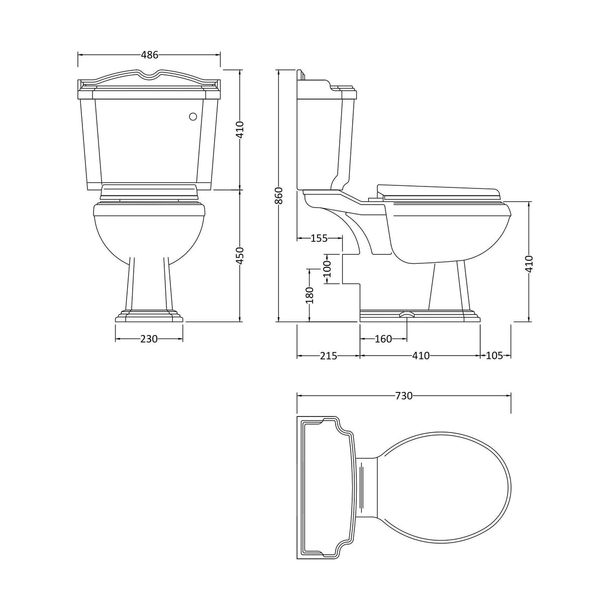 [BCLCPCC] Classic Legend Toilet Pan Cistern & Seat – White - Technical Drawing