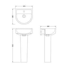 [BCMI002] Balterley Hopwas Ceramic D Shape Basin & Full Pedestal - 420 or 520mm Basin - Technical Drawing