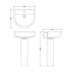 [BCMI003] Balterley Hopwas Ceramic D Shape Basin & Full Pedestal - 420 or 520mm Basin - Technical Drawing