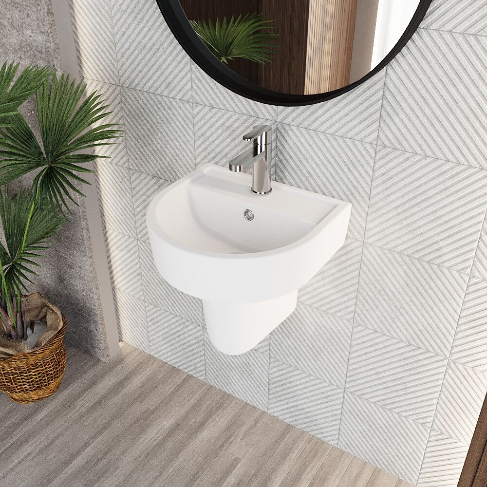 Hopwas Round D Shape Ceramic Basin and Semi Pedestal - 420 or 520mm Basin