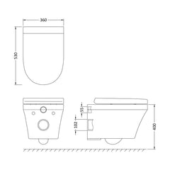 [BCMI027] Hopwas Contemporary Round Wall Hung Toilet Pan and Soft Close Seat, 445 x 360 x 530mm - Technical Drawing