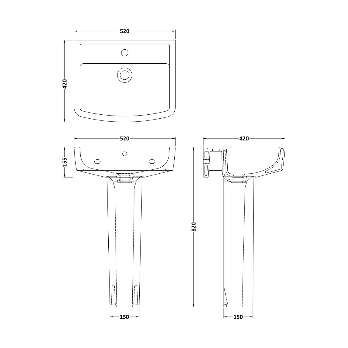 [BCOP009] Forsbrook Modern White Square 1 Tap Hole Bathroom Basin & Full Pedestal - Choice of Size (520mm or 600mm) - Technical Drawing