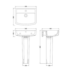[BCOP009] Forsbrook Modern White Square 1 Tap Hole Bathroom Basin & Full Pedestal - Choice of Size (520mm or 600mm) - Technical Drawing