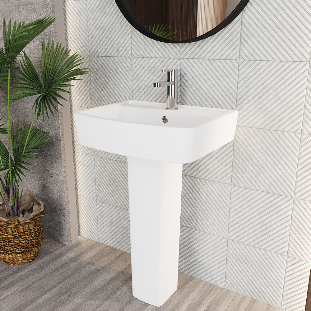 [BCOP009] Forsbrook Modern White Square 1 Tap Hole Bathroom Basin & Full Pedestal - Choice of Size (520mm or 600mm) - Lifestyle 3