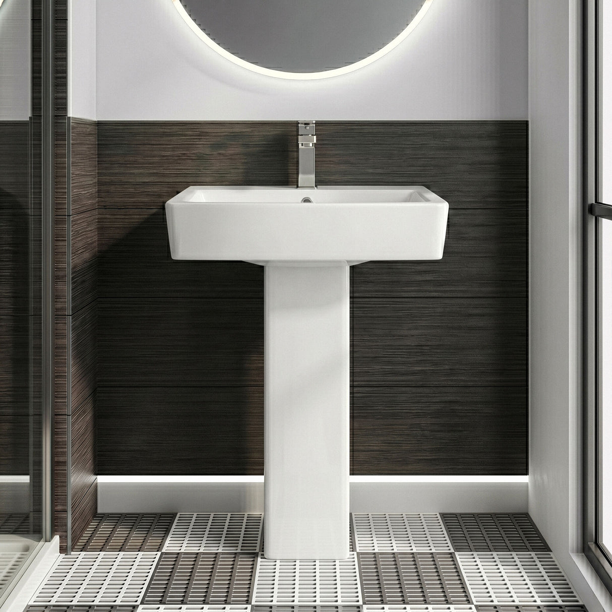 [BCOP009] Forsbrook Modern White Square 1 Tap Hole Bathroom Basin & Full Pedestal - Choice of Size (520mm or 600mm) - Silo