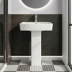 [BCOP009] Forsbrook Modern White Square 1 Tap Hole Bathroom Basin & Full Pedestal - Choice of Size (520mm or 600mm) - Silo
