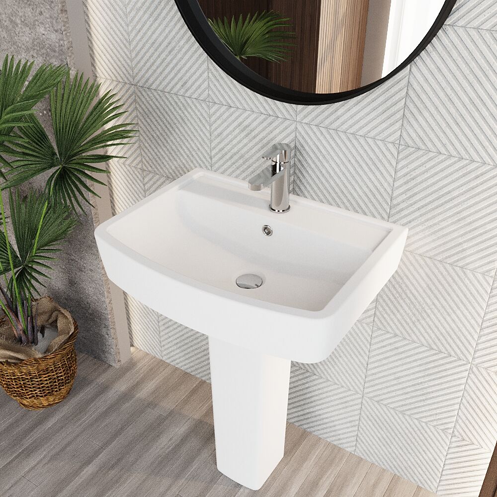 [BCOP010] Forsbrook Modern White Square 1 Tap Hole Bathroom Basin & Full Pedestal - Choice of Size (520mm or 600mm) - Lifestyle 2