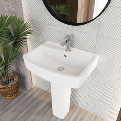 [BCOP010] Forsbrook Modern White Square 1 Tap Hole Bathroom Basin & Full Pedestal - Choice of Size (520mm or 600mm) - Lifestyle 2