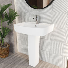 [BCOP010] Forsbrook Modern White Square 1 Tap Hole Bathroom Basin & Full Pedestal - Choice of Size (520mm or 600mm) - Lifestyle 3