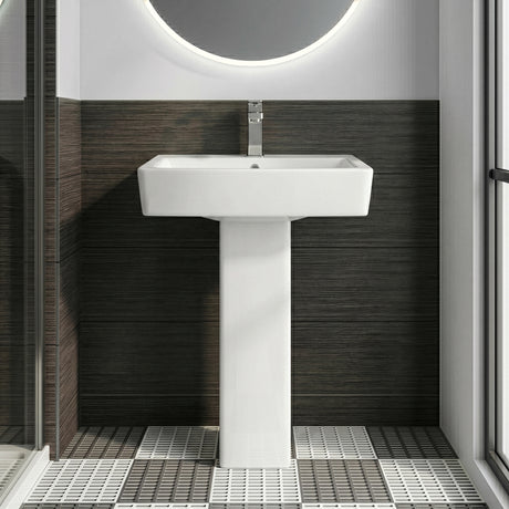 Forsbrook Modern White Square 1 Tap Hole Bathroom Basin & Full Pedestal - Choice of Size (520mm or 600mm)