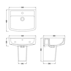[BCOP011] Forsbrook Modern White Square 1 Tap Hole Bathroom Basin & Semi Pedestal - 520mm - Technical Drawing