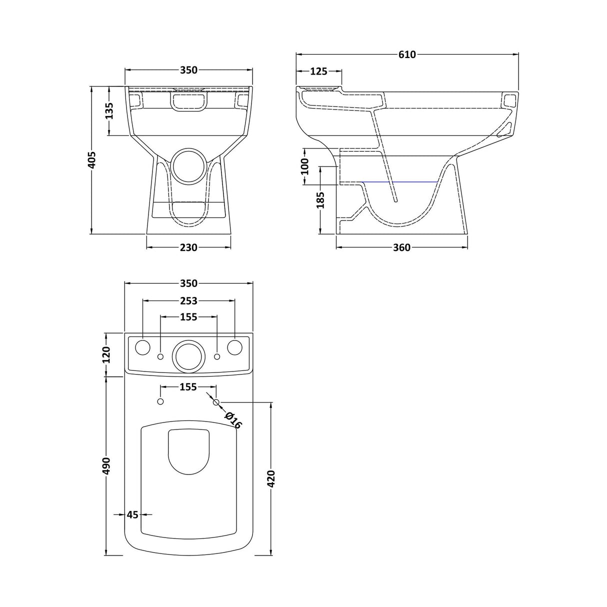[BCOP013] Forsbrook Square 1 Tap Hole Bathroom Basin - Choose Size and Pedestal Type - Technical Drawing