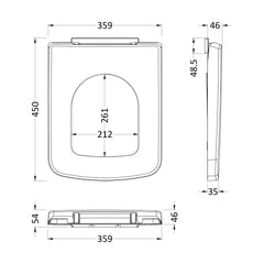 [BCOP196] Square Top Fix Soft Close Toilet Seat with Squared Edge - White - Technical Drawing