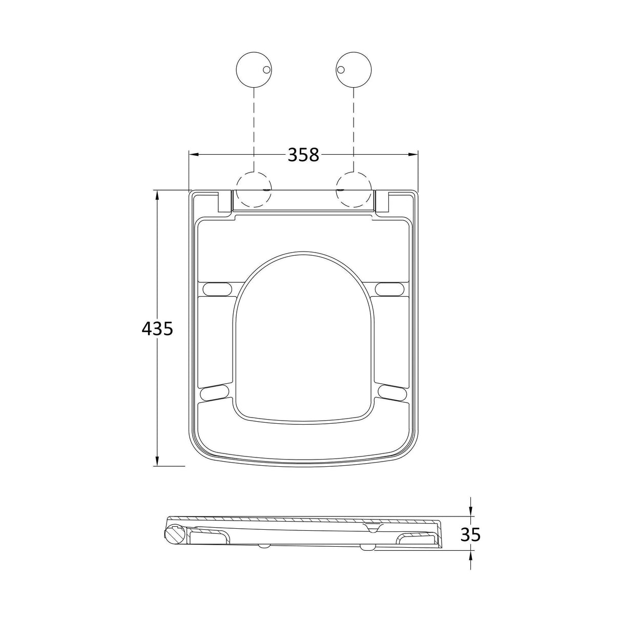 [BCOP198W] Square Soft Close Toilet Seat with Top Fix Hinge, Choice of Cover Caps Finish - Technical Drawing