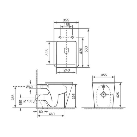 [BCORBO4] Rimless Close-Coupled Toilet Soft-Close Seat 560mm – White - Technical Drawing