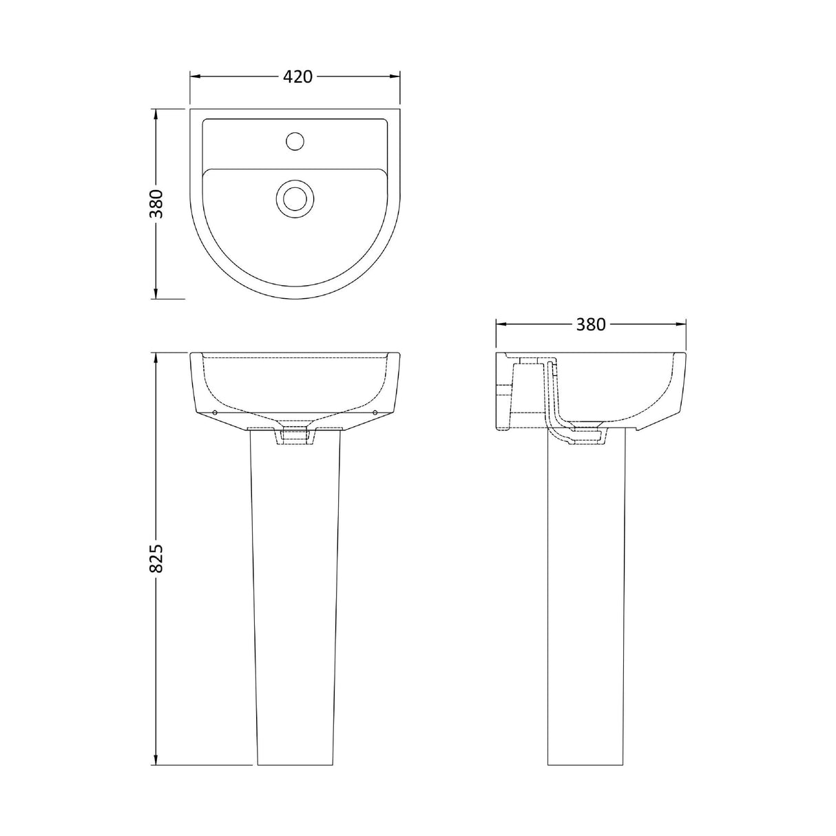 [BCPR001] Dilhorne D Shaped 1 Tap Hole Ceramic Basin and Pedestal - 520mm or 420mm - Choice of Semi or Full Pedestal - Technical Drawing