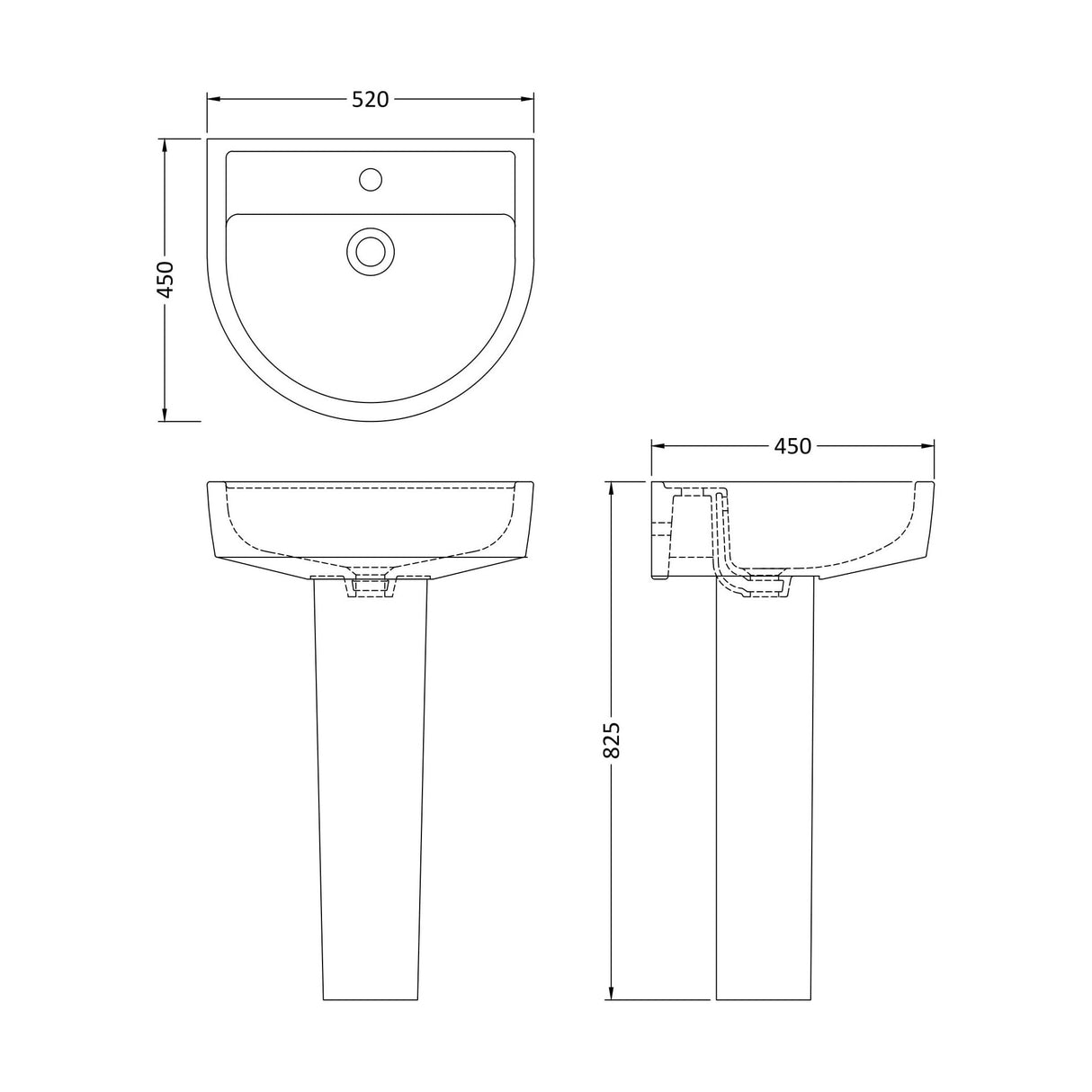 [BCPR002] Dilhorne D Shaped 1 Tap Hole Ceramic Basin and Pedestal - 520mm or 420mm - Choice of Semi or Full Pedestal - Technical Drawing