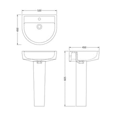 [BCPR002] Dilhorne D Shaped 1 Tap Hole Ceramic Basin and Pedestal - 520mm or 420mm - Choice of Semi or Full Pedestal - Technical Drawing