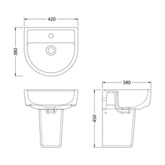 [BCPR003] Dilhorne D Shaped 1 Tap Hole Ceramic Basin and Pedestal - 520mm or 420mm - Choice of Semi or Full Pedestal - Technical Drawing