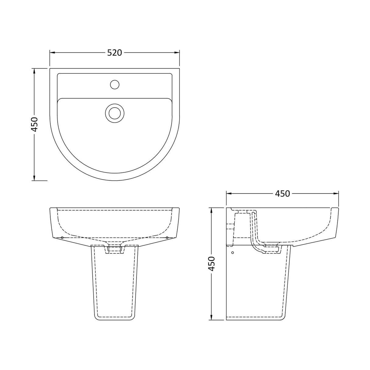 [BCPR004] Dilhorne D Shaped 1 Tap Hole Ceramic Basin and Pedestal - 520mm or 420mm - Choice of Semi or Full Pedestal - Technical Drawing