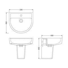 [BCPR004] Dilhorne D Shaped 1 Tap Hole Ceramic Basin and Pedestal - 520mm or 420mm - Choice of Semi or Full Pedestal - Technical Drawing