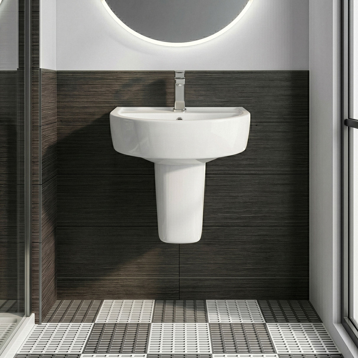[BCPR004] Dilhorne D Shaped 1 Tap Hole Ceramic Basin and Pedestal - 520mm or 420mm - Choice of Semi or Full Pedestal - Silo