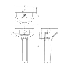 [BCQU300] 1 Tap Hole Round Ceramic Basin & Full Pedestal - 560mm - Technical Drawing