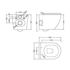 [BCQU340] Rimless Wall Hung Toilet Pan & Soft Close Sandwich Seat - 360mm x 360mm x 482mm - Technical Drawing
