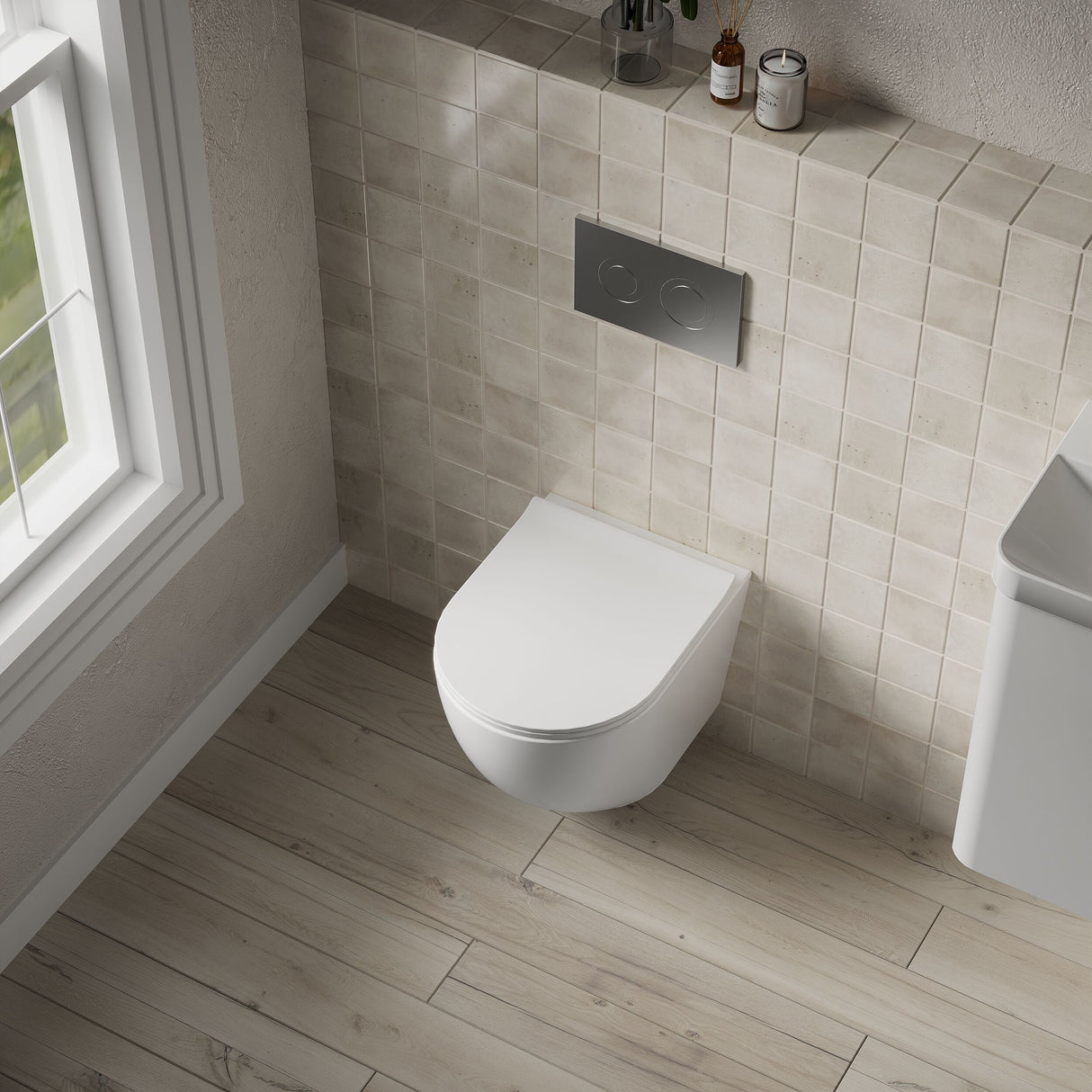 [BCQU340] Rimless Wall Hung Toilet Pan & Soft Close Sandwich Seat - 360mm x 360mm x 482mm - Lifestyle 2
