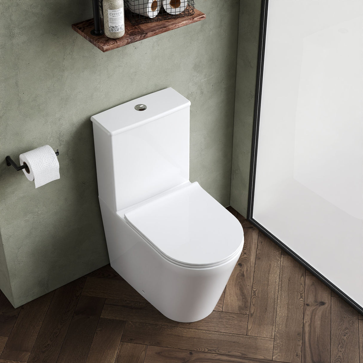 [BCQU650] Compact Rimless Flush to Wall Toilet Pan, Cistern & Soft Close Sandwich Seat - 798mm x 385mm x 612mm - Lifestyle 2