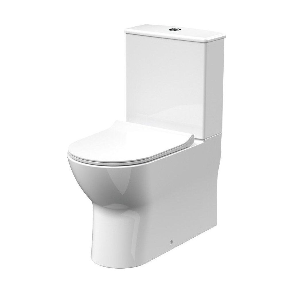 [BCQU850] Rimless Flush to Wall Close Coupled Toilet Pan, Cistern & Soft Close Sandwich Seat - 806mm x 375mm x 612mm - Cutout