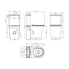 [BCQU850] Rimless Flush to Wall Close Coupled Toilet Pan, Cistern & Soft Close Sandwich Seat - 806mm x 375mm x 612mm - Technical Drawing