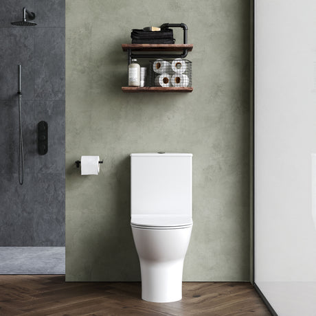 Rimless Flush to Wall Close Coupled Toilet Pan, Cistern & Soft Close Sandwich Seat - 806mm x 375mm x 612mm