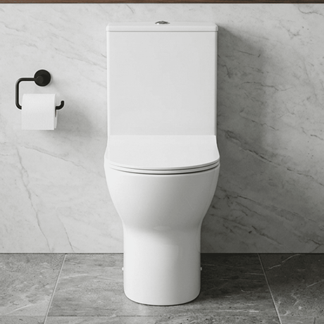 [BCQU850] Rimless Flush to Wall Close Coupled Toilet Pan, Cistern & Soft Close Sandwich Seat - 806mm x 375mm x 612mm - Silo