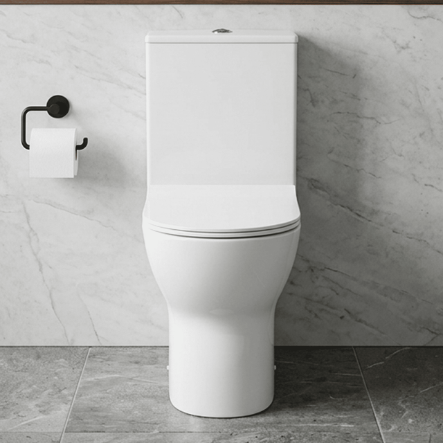 [BCQU850] Rimless Flush to Wall Close Coupled Toilet Pan, Cistern & Soft Close Sandwich Seat - 806mm x 375mm x 612mm - Silo