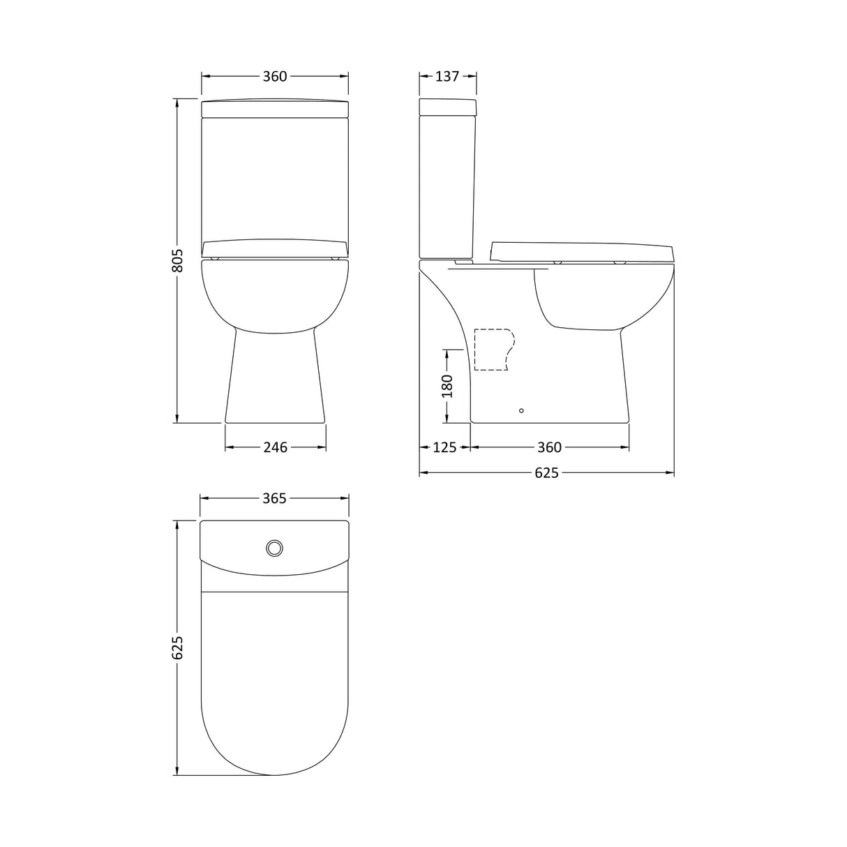 [BCRI001] Compact Toilet Pan & Cistern  - 805mm x 360mm x 625mm - Technical Drawing