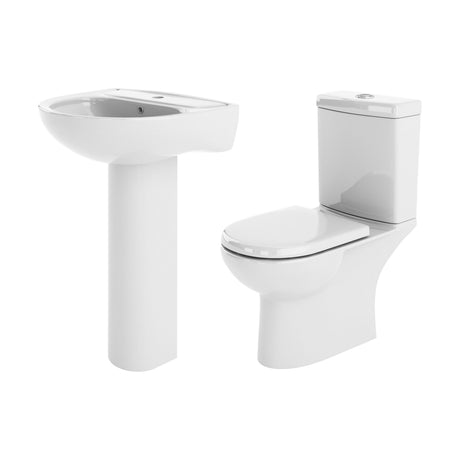 [BCRI004] Newborough Ceramic Bathroom Bundle: Compact or Close-Coupled Toilet Pan, Cistern & Soft-Close Seat and 560mm 1-Tap-Hole Basin with Full Pedestal - Cutout